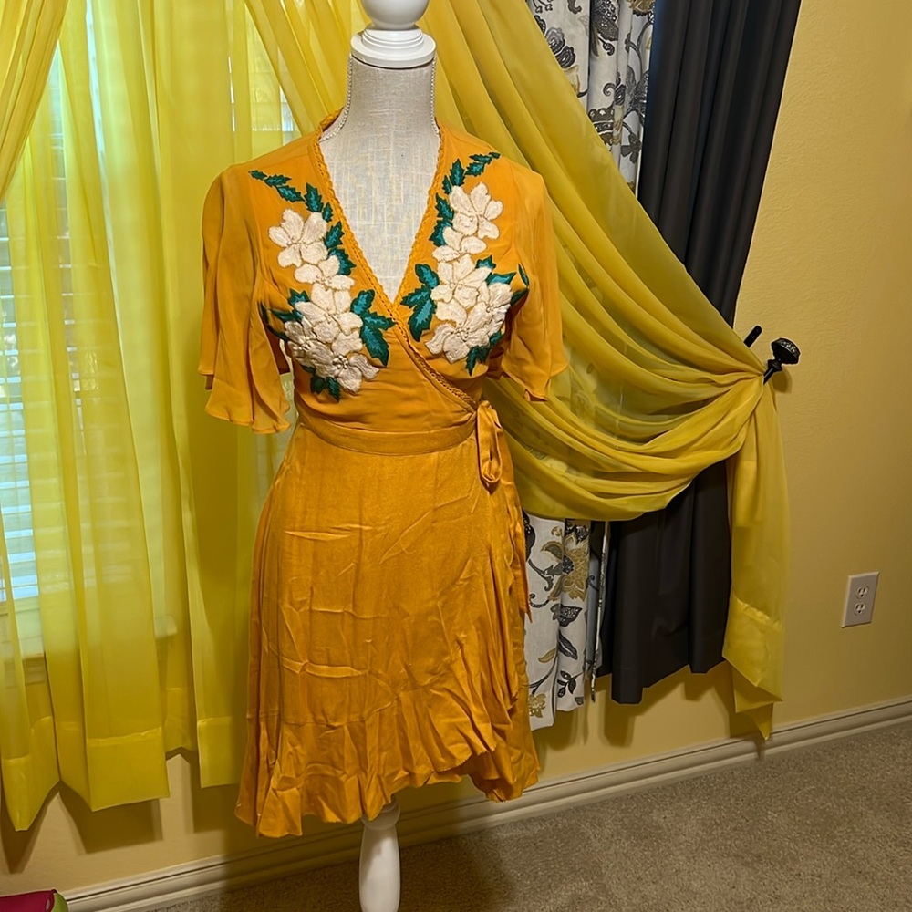 Anthropologie Cleobella Mustard Yellow Wrap Dress with floral embroidery